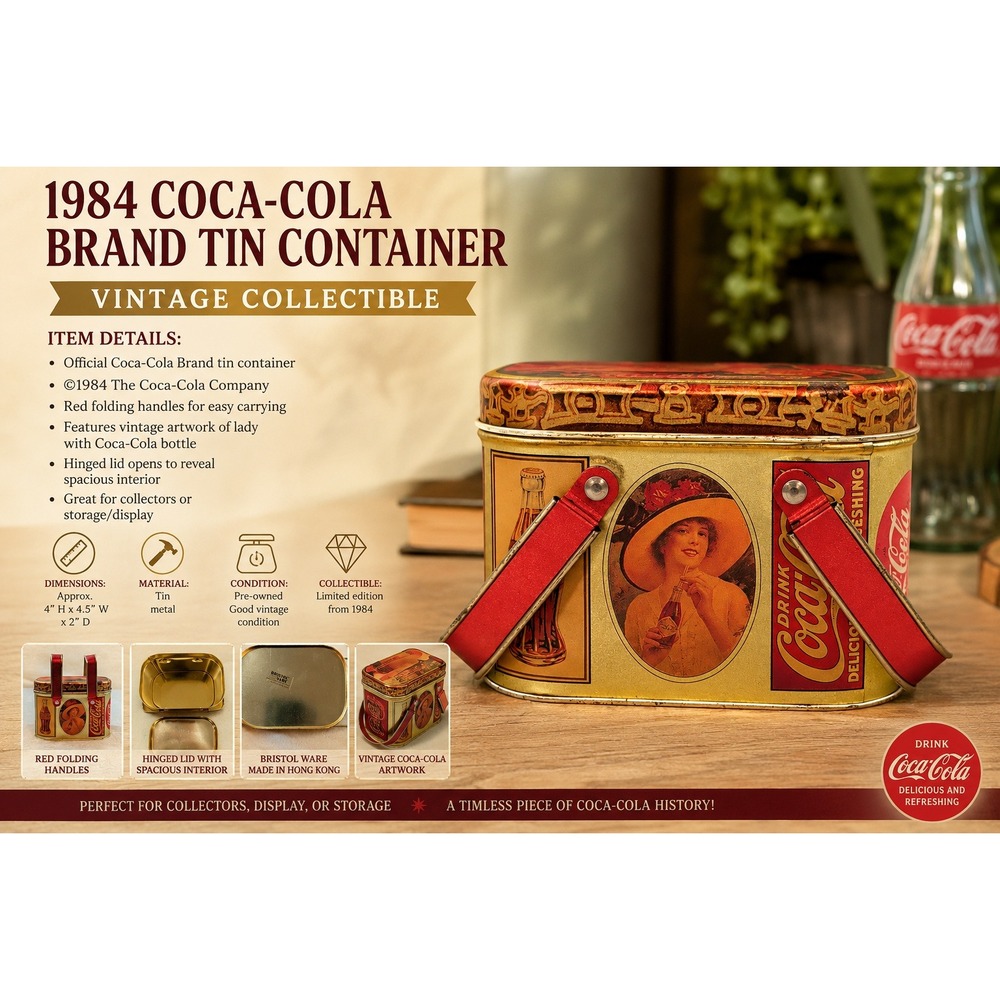 Vintage‎ 1984 Coca-Cola Bristol Ware Picnic Basket Tin Container Red Handles